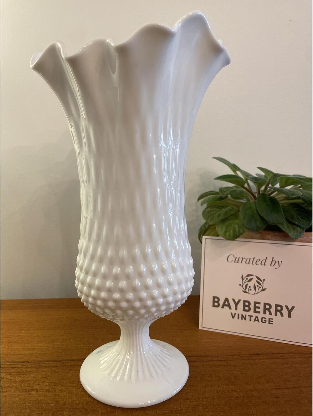 Vintage Fenton Milk Glass Hobnail Handkerchief Ruffled Swing Vase 13"